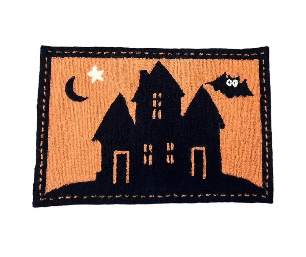 Pottery Barn Kids Orange Black Halloween Spooky Haunted House Rug Bats 36”x24”